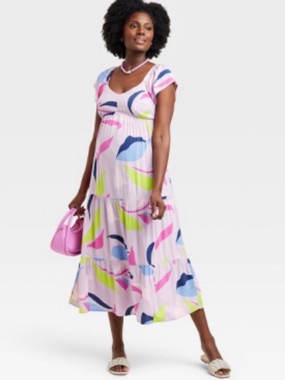 Isabel Maternity Flutter Short Sleeve Colorful Tiered Maxi Dress Size L - NWT - Picture 3 of 11